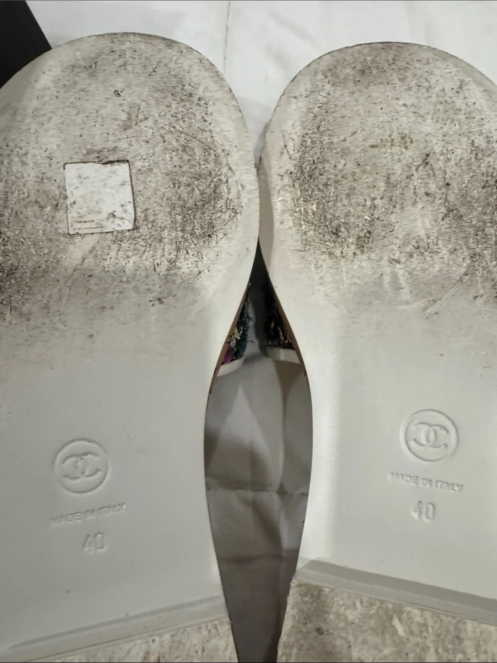 CHANEL Multicolor Tweed & White Trim Logo Slide Mules